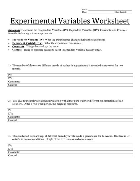 Identifying Variables Worksheet