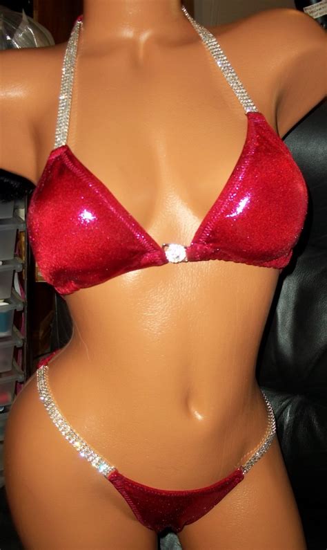 Style Pink Metallic Competition Bikini With Rhinestone Connectors