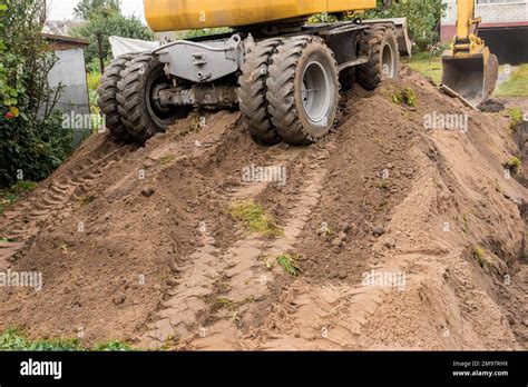 Traces From Tire Tread On The Back Of Industrial Transport Excavator Or