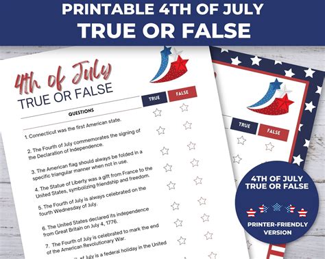 True Or False Trivia Printable Th Of July Party Games Th Of July