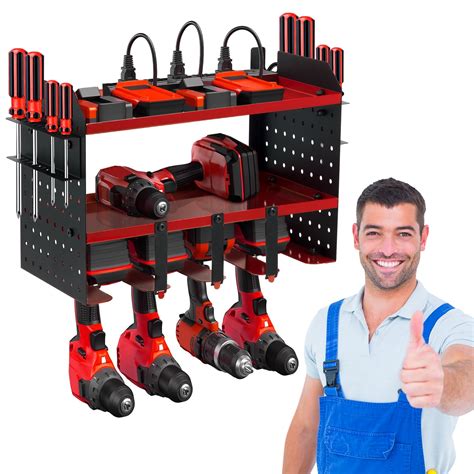 Wall Mount Power Tool Organizer With Charging Station 4 Layer Drill Holder 6 Outlet Power