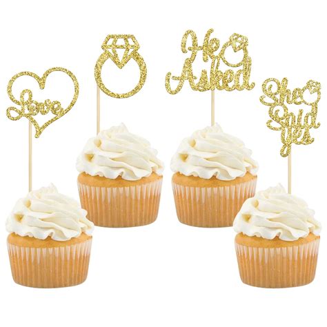 Buy Gyufise He Asked She Said Yes Cupcake Toppers Gold Glitter Diamond