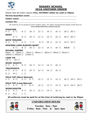 Fillable Online Rosary Catholic Edu Summer Uniform Price List Order