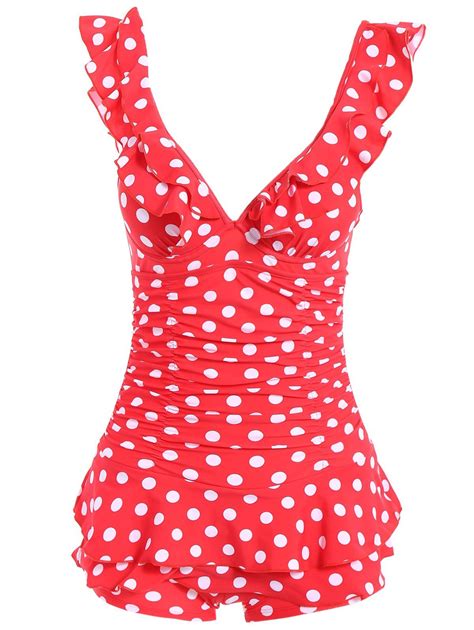 Red M Trendy Plunging Neckline Polka Dot Ruffled One Piece Swimsuit For