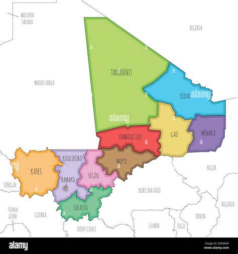 Vector Illustrated Map Of Mali With Regions Capital District And