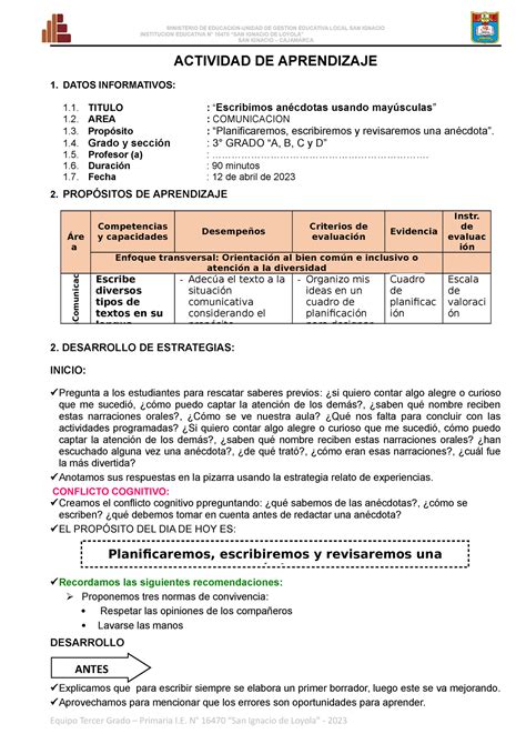 Escribimos Anecdotas Sesion De Aprendizaje Para Estudiantes De Tercer