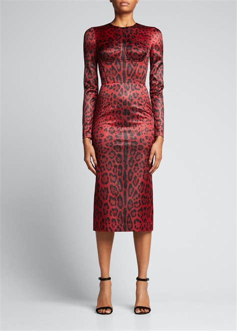 Dolce Gabbana Tubino Leopard Print Satin Midi Dress In Red Lyst