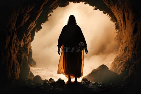 Jesus Rising From The Dead Sihouetted Figure Leaving Cave Tomb