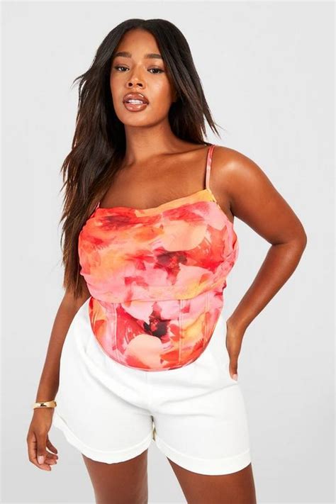 Plus Floral Strappy Ruched Corset Top Boohoo Uk