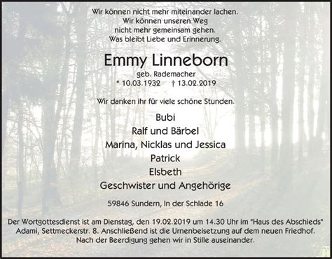 Traueranzeigen Von Emmy Linneborn Trauer In NRW De