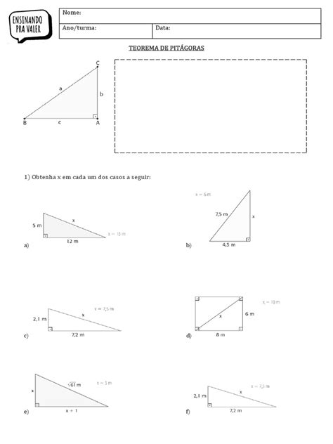 9o Ano Exercícios Teorema De Pitagoras Pdf