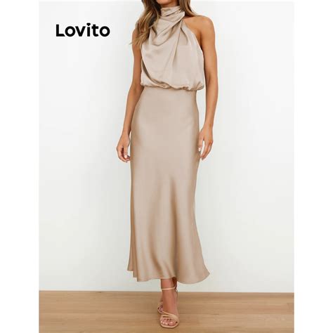 Lovito Women Elegant Plain Asymmetrical Dress LNL34043 Apricot Black