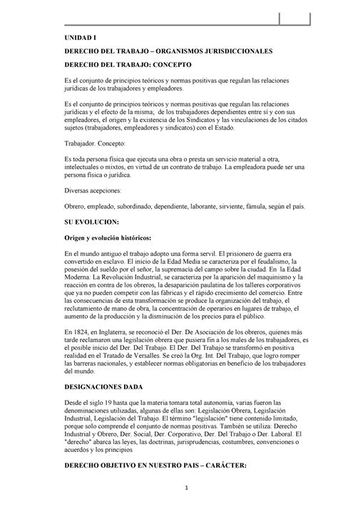 Resumen Derecho Laboral Unidad I Derecho Del Trabajo Organismos