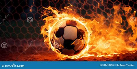 Fiery Soccer Ball Smashing Into Goal With Net In Flames Action Packed