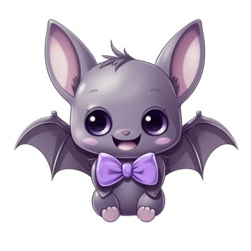 Illustration Of A Cute Cartoon Gray Bat With A Purple Bow Halloween