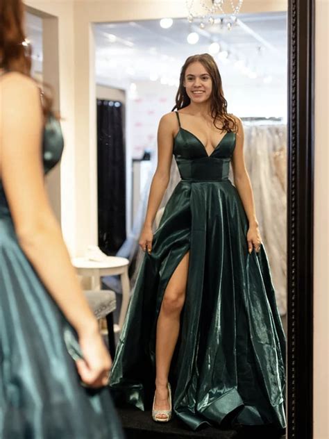 A Line V Neck Dark Green Satin Prom Dresses With Leg Slit V Neck Dark