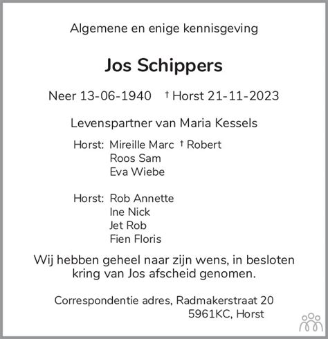 Jos Schippers 21 11 2023 Overlijdensbericht En Condoleances Mensenlinq Nl