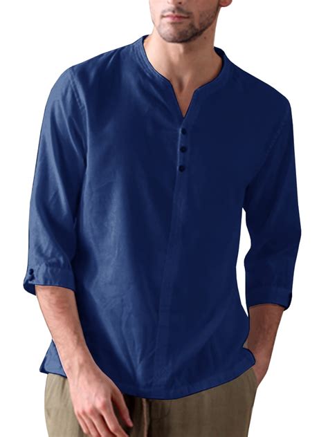 Sysea Mens Linen Henley T Shirt Sleeve Button Up V Neck Beach