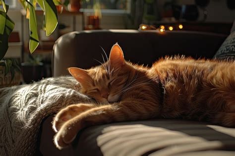 Premium Photo Cute Ginger Cat Sleeping On Sofa At Home