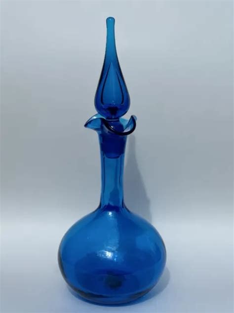 Mid Century Vintage Blenko Blue Genie Bottle Glass Decanter