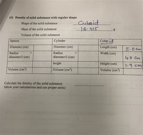 Solved A Density Of Solid 1 Density Of Solid Substance Of