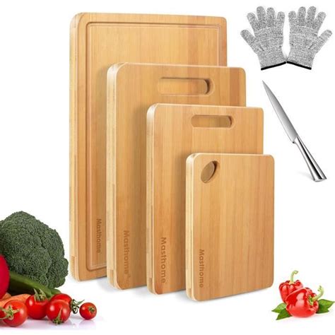 Lot de 4 planches à découper en bambou avec rigole à jus Planche à