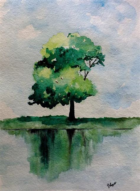 Original Watercolor Green Tree Painting Simple Reflection