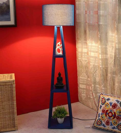 Buy Lyon Blue Cotton Shade Shelf Floor Lamp With MDF Base By Pristine