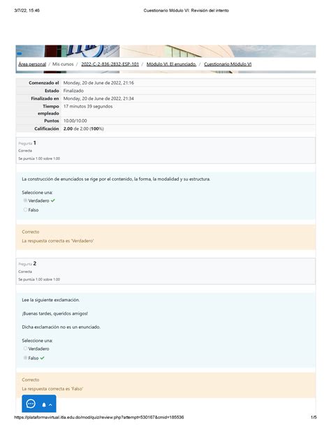 Cuestionario M Dulo Vi Revisi N Del Intento Comenzado El Monday