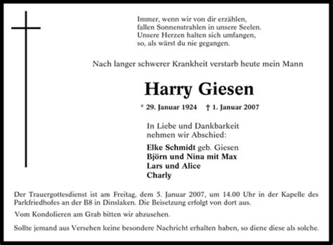 Traueranzeigen Von Harry Giesen Trauer In Nrw De