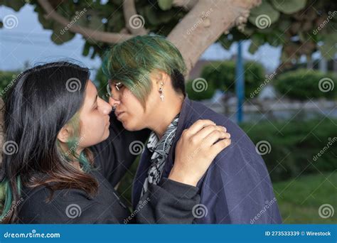 Lesbian Couple Embracing And Kissing In A Park Stock Image Image Of Dating Mature 273533339