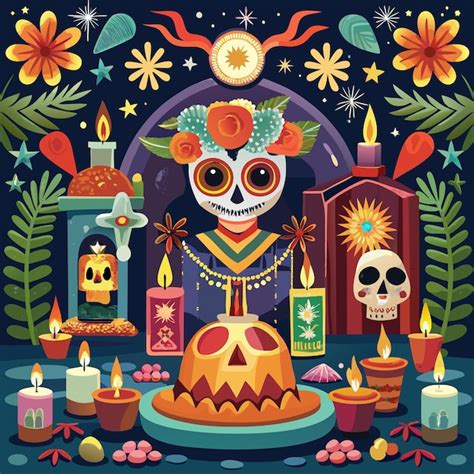 El altar y las ofrendas del día de los muertos Vector Premium