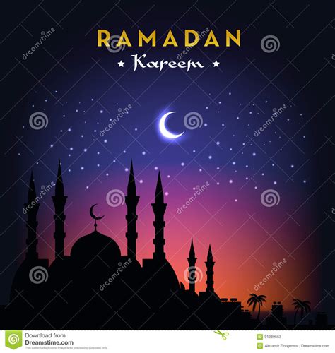 Tarjeta De Felicitación De Ramadan Kareem Con La Mezquita Y El Cielo