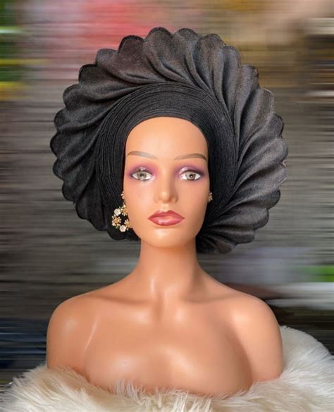 Autogele Aso Oke Black Pre Tied African Headwrap Headpiece Etsy