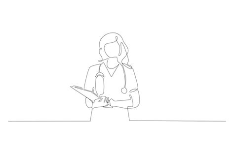 Premium Vector Continuous Line Drawing Of A Female Doctor On Work