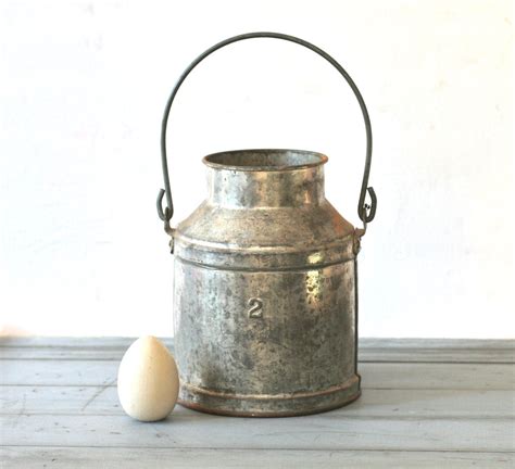 Vintage Rustic Galvanized Handled Metal Milk Pail Number Two