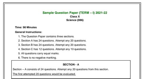 Science Class 10 Official Sample Paper For Term 1 2021 22 Youtube