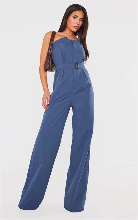 Dark Blue Woven Belted Bandeau Wide Leg Jumpsuit Prettylittlething Ksa