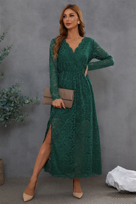 Long Sleeve V Neck Lace Maxi Dress With Split Alelly