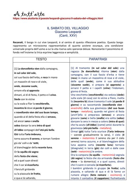 Il Sabato Del Villaggio Atuttarte Poesie Leopardi Giacomo Il Sabato