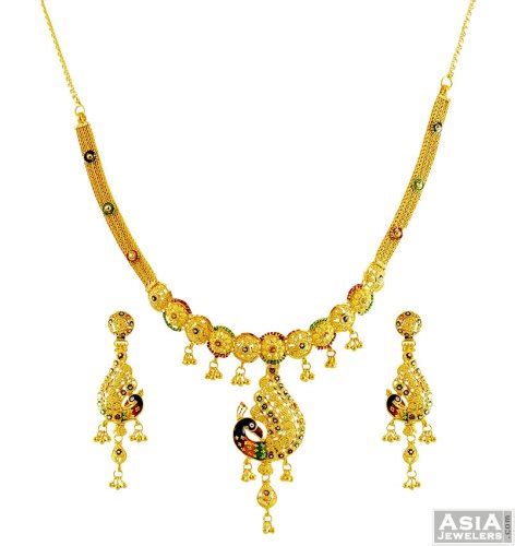 22k Fancy Peacock Necklace Set Ajns56118 22k Designer Gold Necklace Earring Set Designed