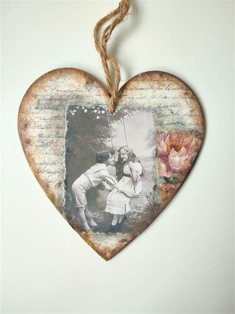 Decoupage Hanging Wooden Heart Decor Vintage Lo Folksy