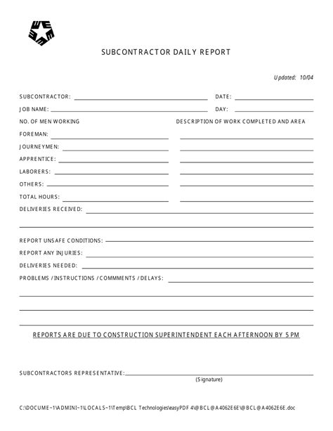 Subcontractor Daily Report Template Fill Out Sign Online And