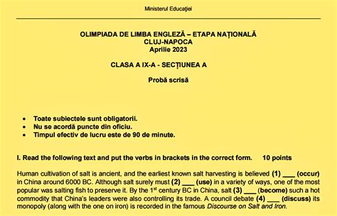 Olimpiada Națională de Limba engleză ONLE 2023 Subiectele și