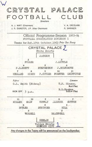 Crystal Palace V Norwich City Reserves Programme 19 10 1963 EBay