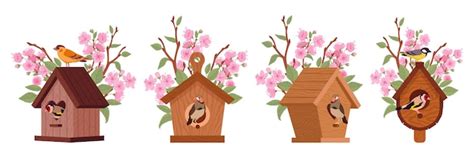 Premium Vector Birds Houses On Blooming Tree Wooden Bird Nest Cute