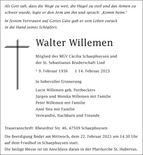 Traueranzeigen Von Walter Willemen Niederrhein Nachrichten Trauerportal