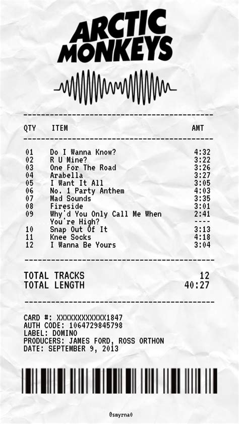 Arctic Monkeys Am Album Receipt M Zik Posterleri Ark Lar Art