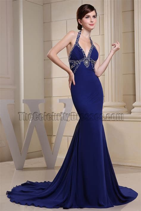 Sexy Halter Royal Blue Mermaid Evening Dress Prom Gowns With Beading