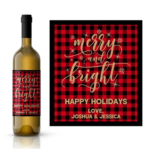 Custom Christmas Wine Label Merry Bright Buffalo Plaid Christmas